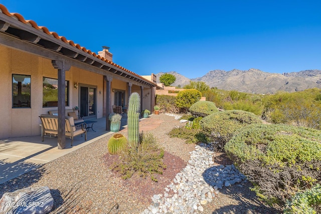 view of yard with a mountain view and a patio area