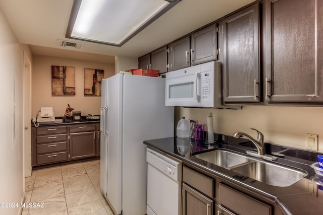 kitchen featuring sink, dark brown cabinets, and white appliances