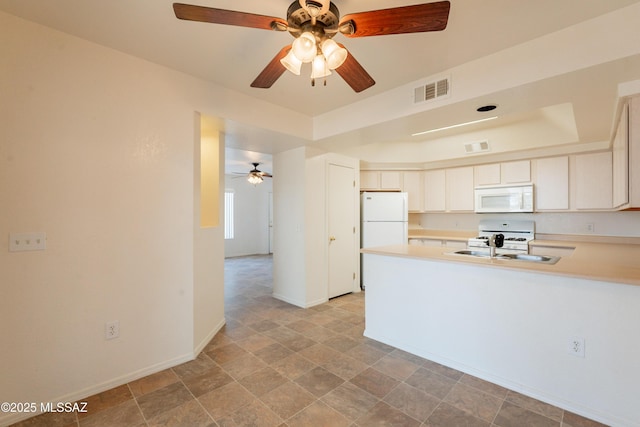 kitchen featuring a ceiling fan, visible vents, light countertops, a peninsula, and white appliances