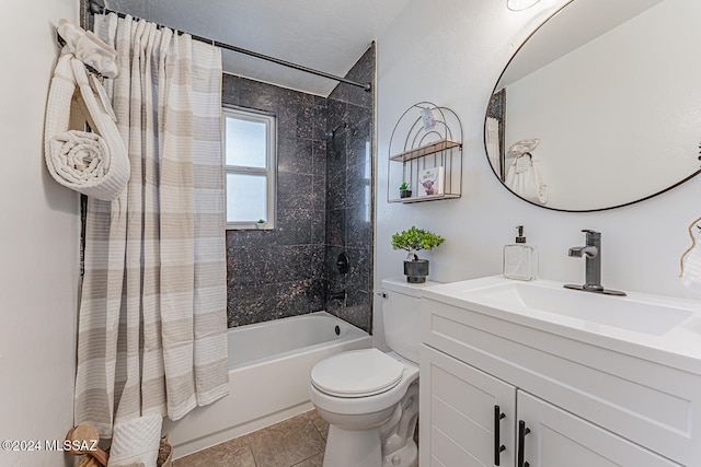 full bathroom with tile patterned floors, vanity, toilet, and shower / bathtub combination with curtain