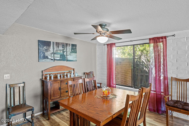 dining space featuring ceiling fan, a textured ceiling, and light wood-type flooring