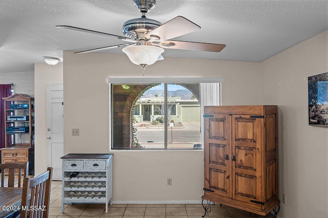 interior space with lofted ceiling, a textured ceiling, and ceiling fan