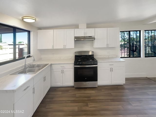 kitchen featuring a healthy amount of sunlight, sink, dark hardwood / wood-style flooring, and stainless steel gas range oven