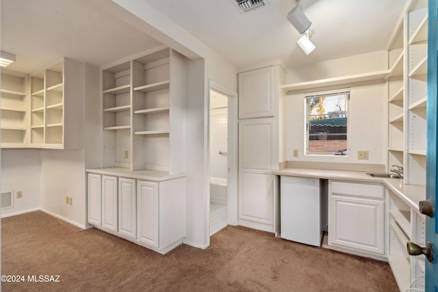 kitchen with light colored carpet, white cabinetry, and sink