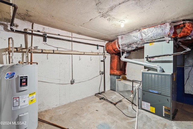 utility room featuring heating unit and water heater