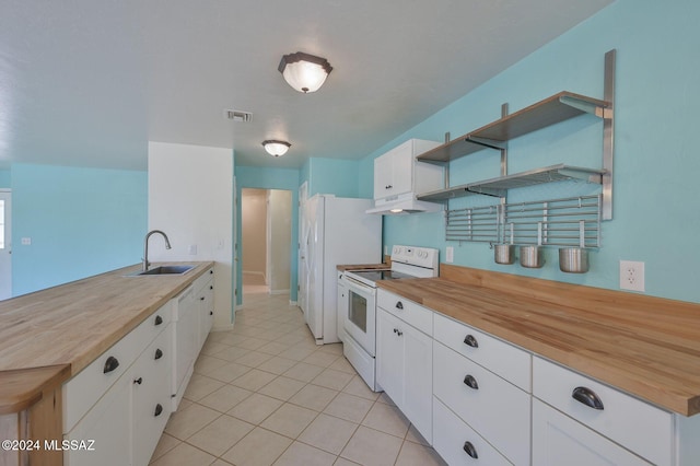 kitchen featuring white cabinetry, white electric range, sink, and butcher block countertops