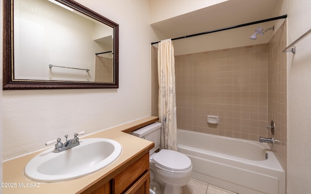 bathroom with tile patterned floors, vanity, shower / bath combination with curtain, and toilet