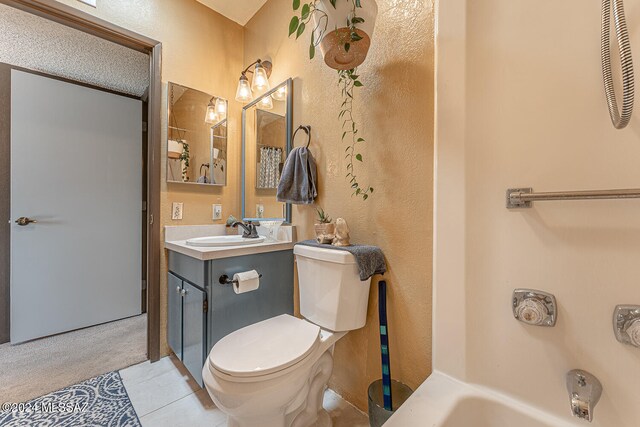 full bathroom featuring vanity, toilet, separate shower and tub, and tile patterned flooring