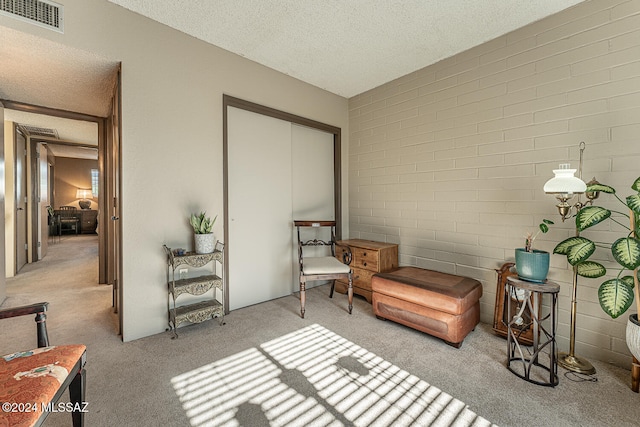 living area with light carpet and a textured ceiling