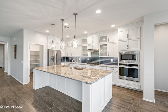 kitchen with stainless steel appliances, dark wood-type flooring, white cabinets, sink, and a kitchen island with sink