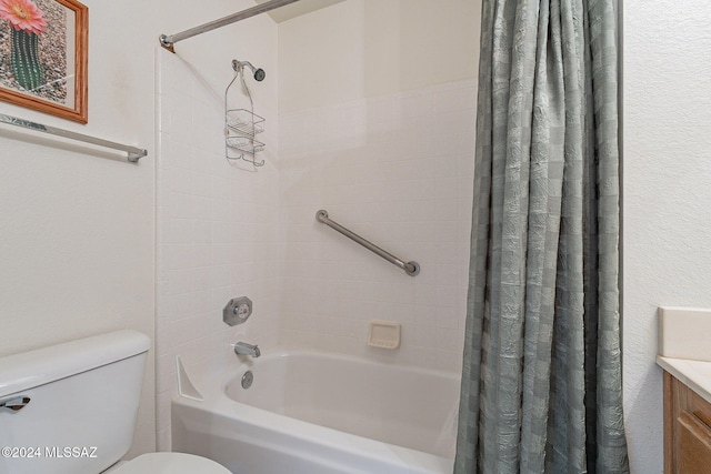 full bathroom featuring toilet, shower / tub combo with curtain, and vanity