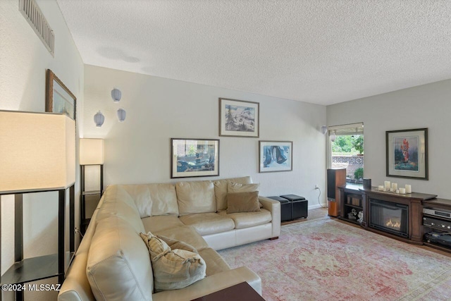 living room featuring a textured ceiling