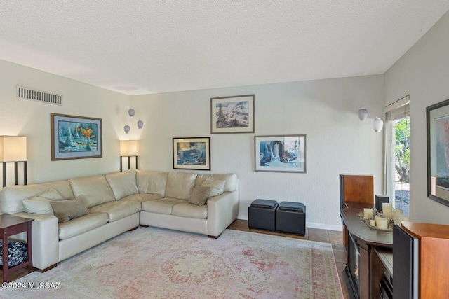 living room featuring a textured ceiling