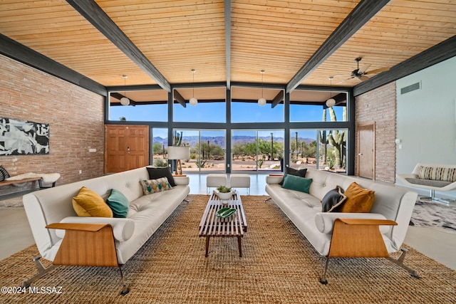 sunroom / solarium featuring wood ceiling, visible vents, and beamed ceiling