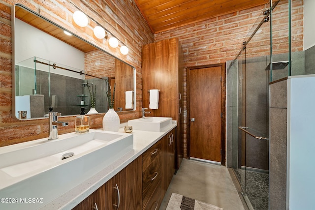 bathroom with wood ceiling, a sink, a shower stall, and double vanity