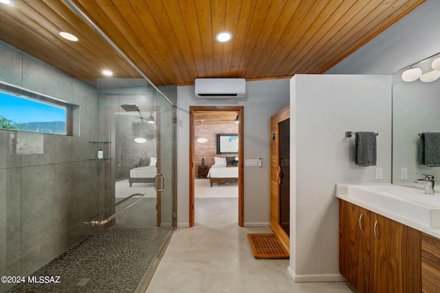 bathroom featuring a wall mounted air conditioner, an enclosed shower, vanity, wooden ceiling, and concrete floors