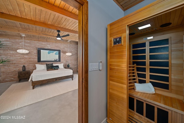 bedroom with beam ceiling and wooden ceiling