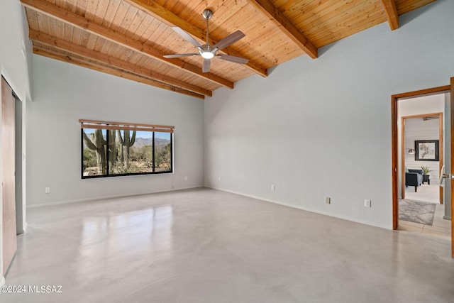 empty room featuring beamed ceiling, ceiling fan, and wood ceiling