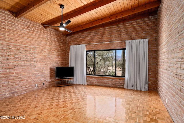 unfurnished living room featuring wooden ceiling, brick wall, a high ceiling, and beam ceiling