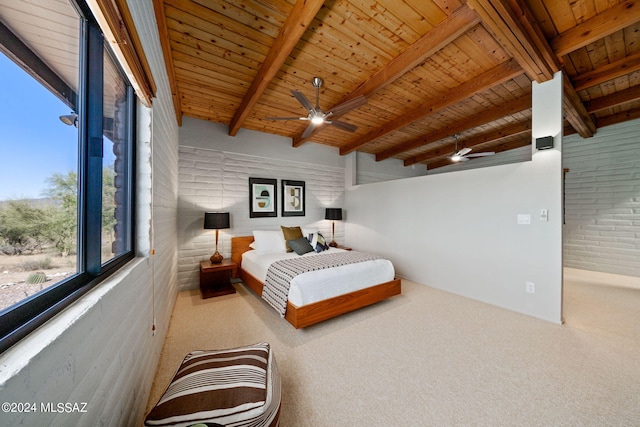 bedroom featuring light carpet, brick wall, beamed ceiling, and wooden ceiling