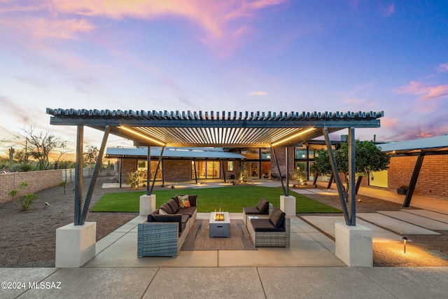 patio terrace at dusk featuring an outdoor hangout area and a pergola