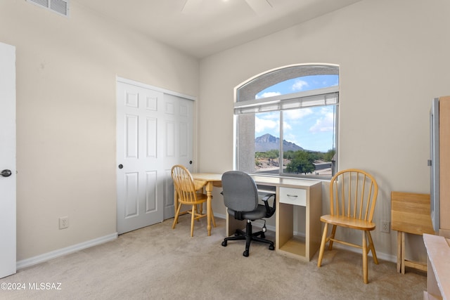 carpeted office with a mountain view