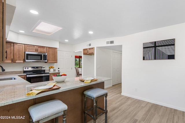 kitchen with kitchen peninsula, a kitchen bar, light wood-type flooring, sink, and stainless steel appliances