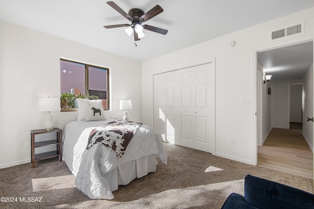 bedroom featuring carpet flooring and ceiling fan