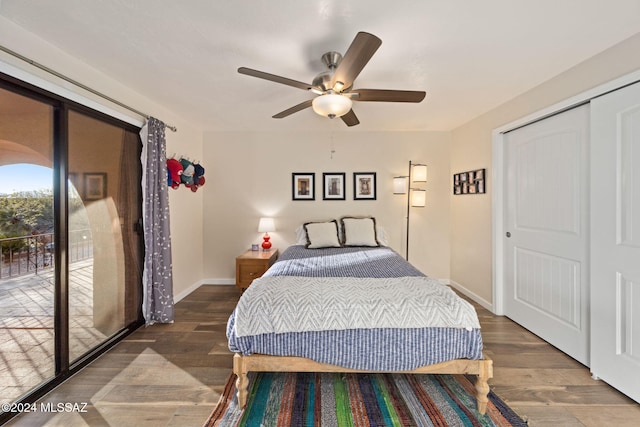 bedroom featuring ceiling fan, dark hardwood / wood-style flooring, access to outside, and a closet