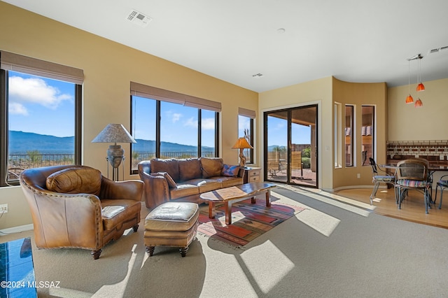 living room featuring a mountain view and light wood-type flooring