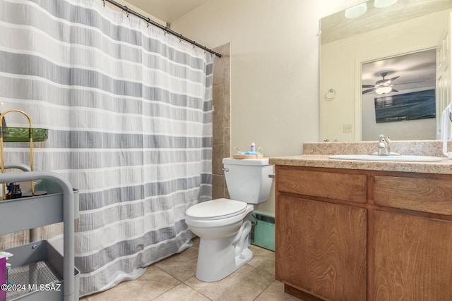 bathroom featuring tile patterned floors, toilet, vanity, ceiling fan, and walk in shower