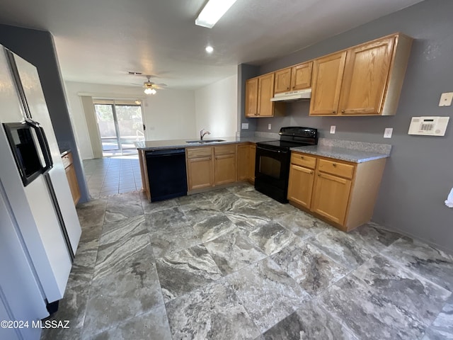 kitchen featuring sink, kitchen peninsula, ceiling fan, and black appliances