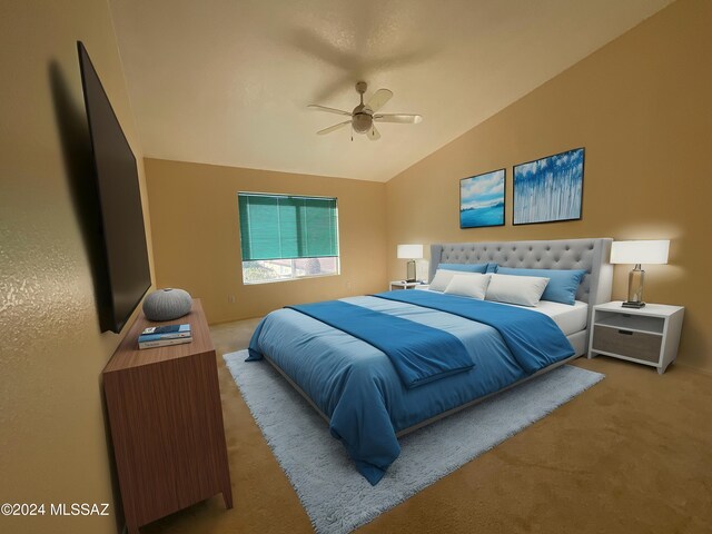 2655 W Desert Brook Ct, Tucson, AZ 85742 - bedroom with carpet flooring, vaulted ceiling, and a ceiling fan