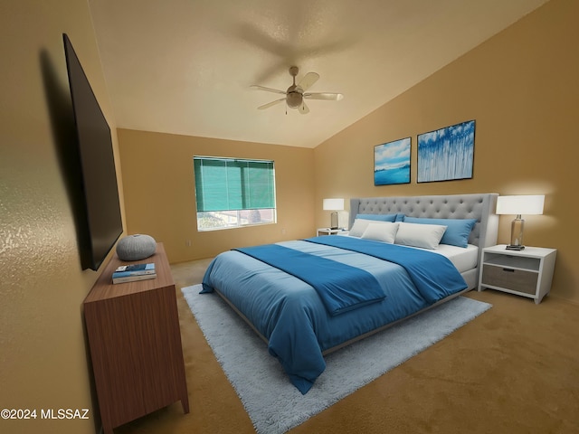 bedroom featuring light carpet, vaulted ceiling, and ceiling fan