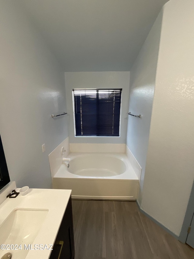 bathroom featuring hardwood / wood-style floors, vanity, and a washtub