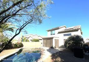 2655 W Desert Brook Ct, Tucson, AZ 85742 - back of house with a garage, a storage shed, stucco siding, and a tiled roof