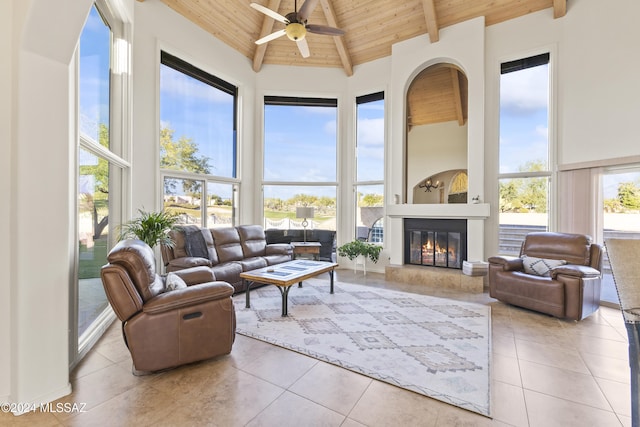 sunroom / solarium featuring vaulted ceiling with beams, ceiling fan, and wooden ceiling