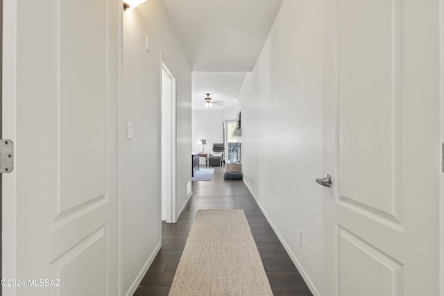 corridor with dark hardwood / wood-style flooring