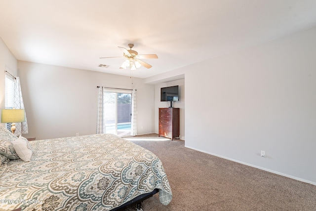 bedroom with carpet floors, a ceiling fan, baseboards, visible vents, and access to exterior