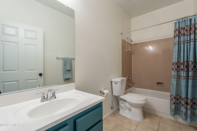 full bath with toilet, tile patterned flooring, shower / bath combo, and vanity