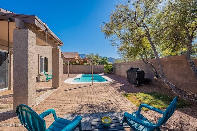 view of swimming pool featuring area for grilling, a patio area, a fenced backyard, and a fenced in pool