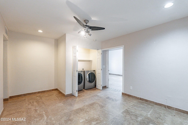 washroom featuring washer and dryer and ceiling fan