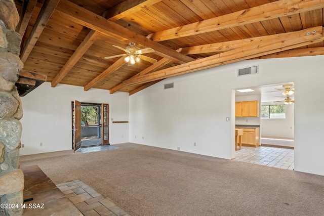 unfurnished living room featuring ceiling fan, wooden ceiling, beamed ceiling, high vaulted ceiling, and light carpet