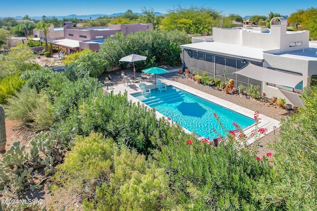 view of swimming pool featuring a patio and a sunroom