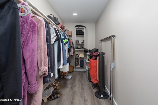 walk in closet with hardwood / wood-style flooring