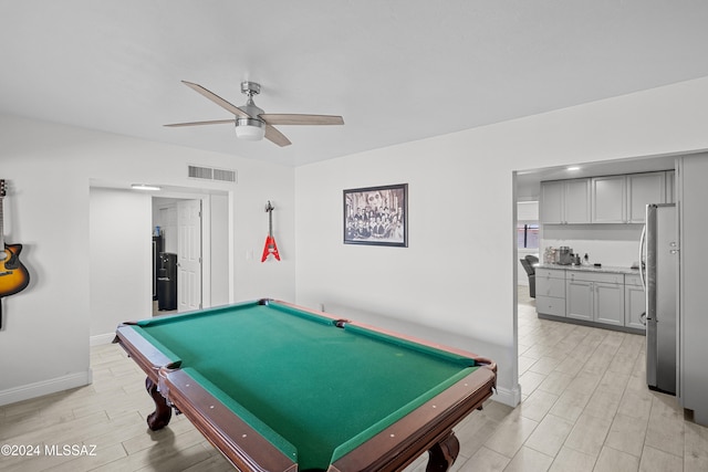 game room featuring light hardwood / wood-style floors, ceiling fan, and billiards