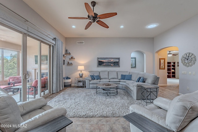 living room with ceiling fan