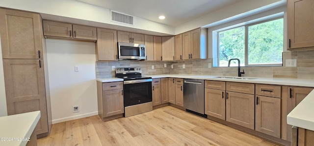 kitchen with backsplash, sink, appliances with stainless steel finishes, and light wood-type flooring