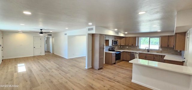 kitchen featuring decorative backsplash, stainless steel appliances, sink, light wood-type flooring, and ceiling fan