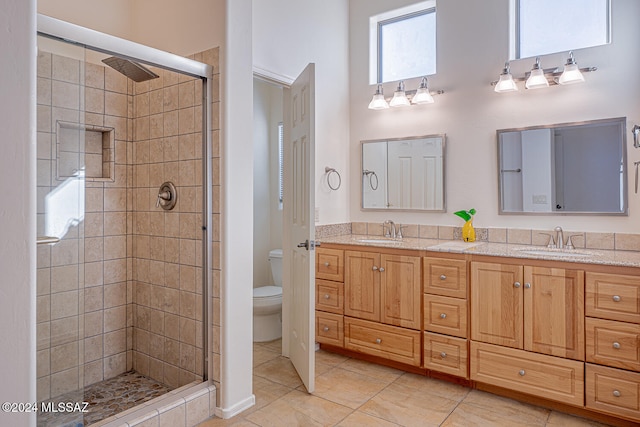 bathroom with vanity, toilet, tile patterned flooring, and an enclosed shower